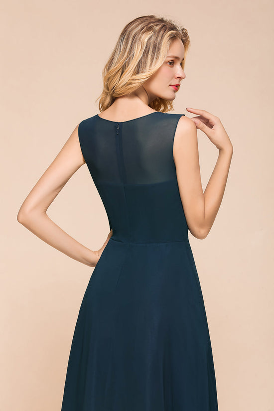 Chic Long A-line Bateau Chiffon Bridesmaid Dresses With Ruched-BIZTUNNEL