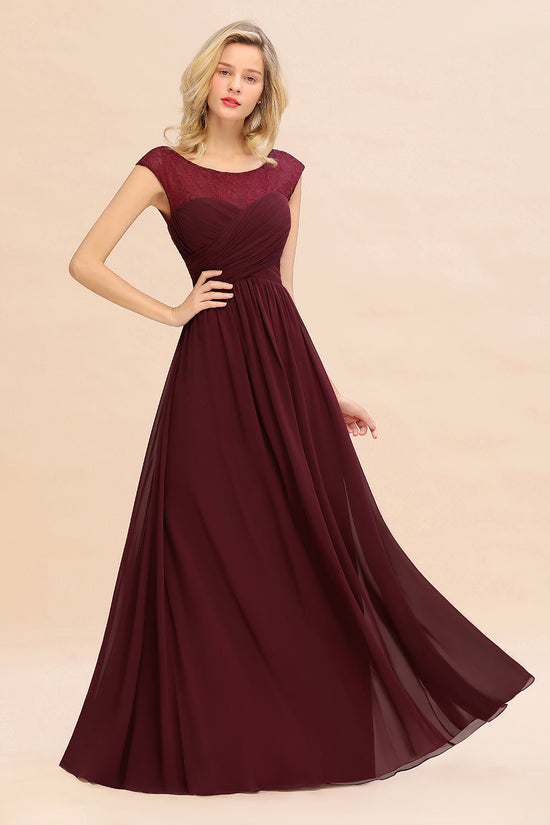 Chic Long A-Line Chiffon Ruffles Chiffon Burgundy Bridesmaid Dresses-BIZTUNNEL