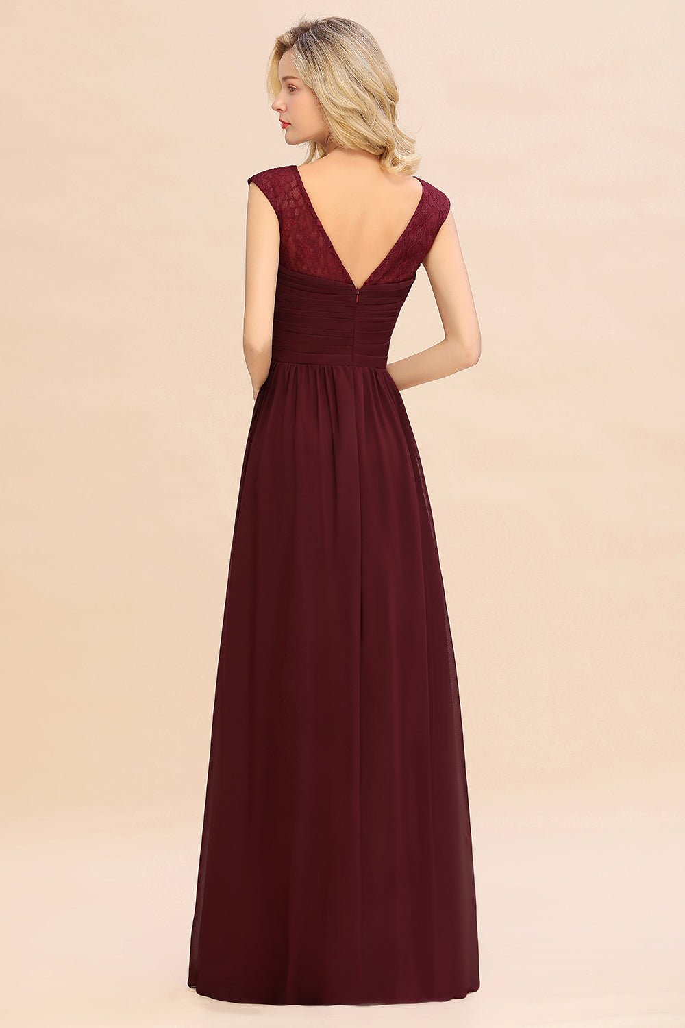 Chic Long A-Line Chiffon Ruffles Chiffon Burgundy Bridesmaid Dresses-BIZTUNNEL