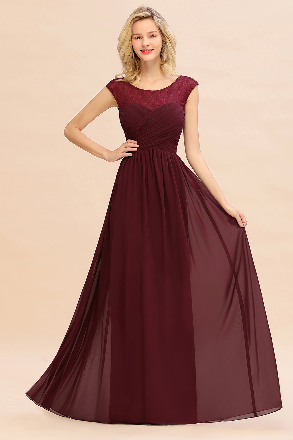 Chic Long A-Line Chiffon Ruffles Chiffon Burgundy Bridesmaid Dresses-BIZTUNNEL