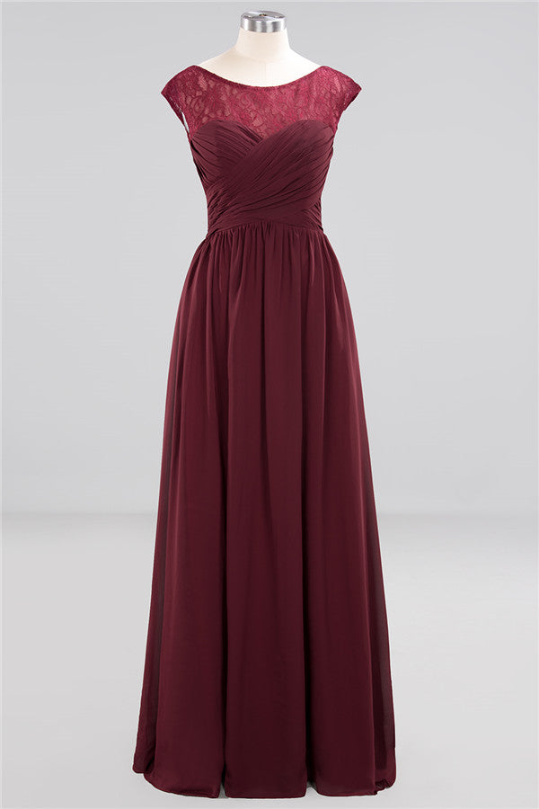 Chic Long A-Line Chiffon Ruffles Chiffon Burgundy Bridesmaid Dresses-BIZTUNNEL