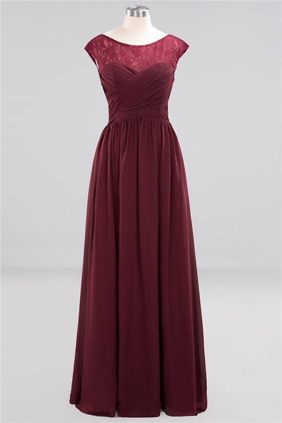 Chic Long A-Line Chiffon Ruffles Chiffon Burgundy Bridesmaid Dresses-BIZTUNNEL