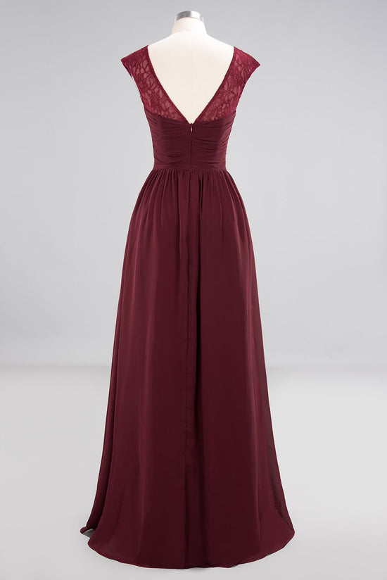 Chic Long A-Line Chiffon Ruffles Chiffon Burgundy Bridesmaid Dresses-BIZTUNNEL