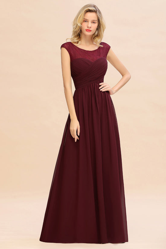 Chic Long A-Line Chiffon Ruffles Chiffon Burgundy Bridesmaid Dresses-BIZTUNNEL