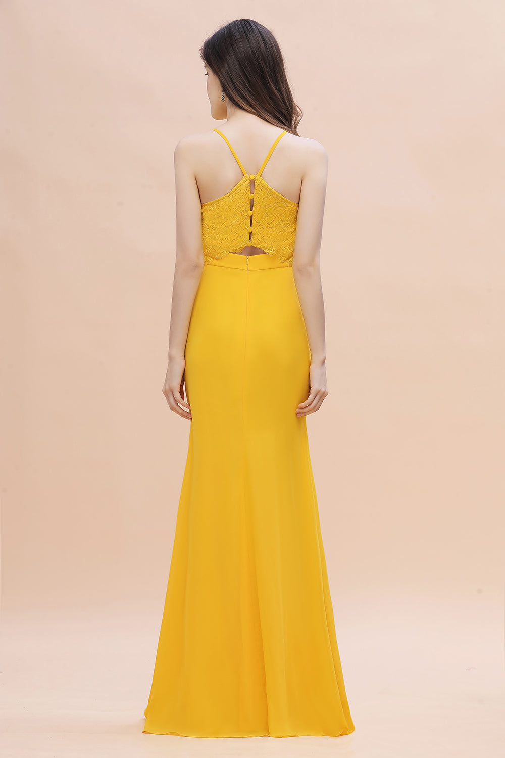 Chic Long V-neck Chiffon Backless Yellow Bridesmaid Dress-BIZTUNNEL