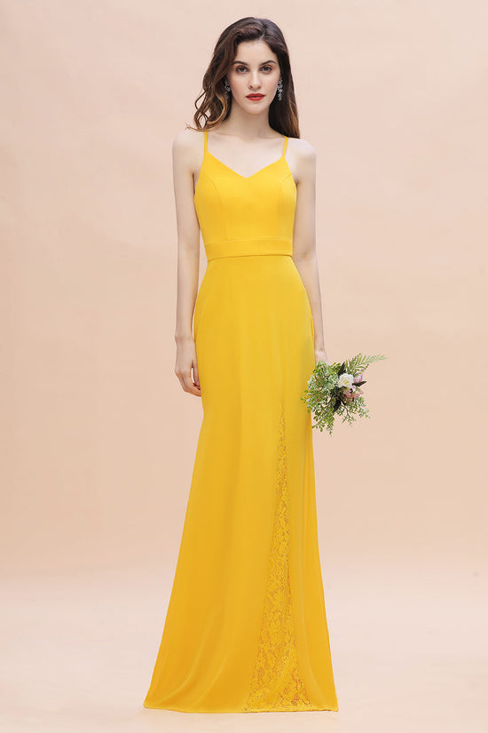 Chic Long V-neck Chiffon Backless Yellow Bridesmaid Dress-BIZTUNNEL