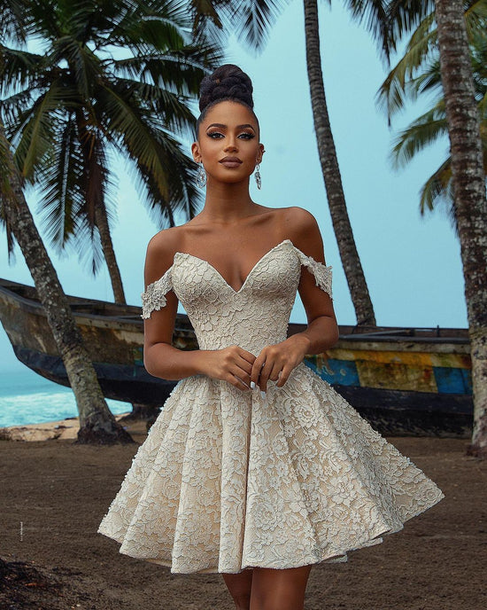 Chic Short A-line Off-the-shoulder Lace Wedding Dress-BIZTUNNEL