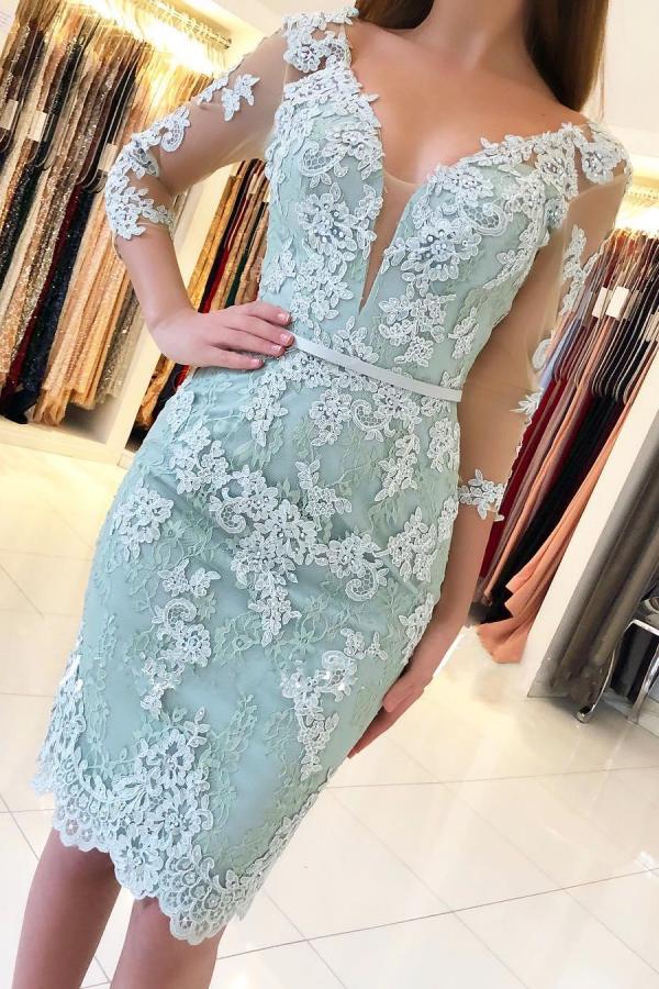 Off the Shoulder Short Mint Green Lace Prom Dresses, Off Shoulder