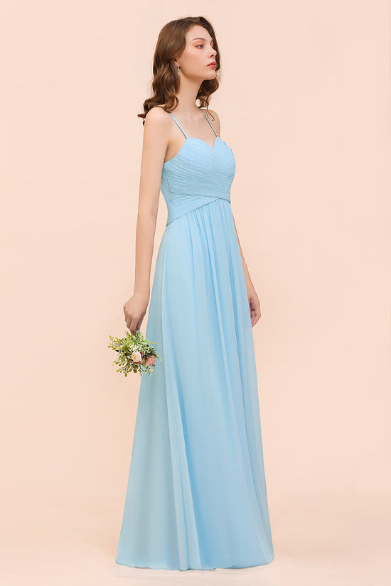 Chic Sky Blue Sweetheart Spaghetti Straps Chiffon Long Bridesmaid Dress with Ruffle-BIZTUNNEL