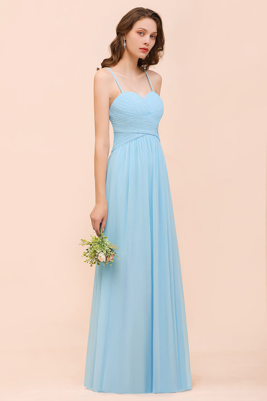 Chic Sky Blue Sweetheart Spaghetti Straps Chiffon Long Bridesmaid Dress with Ruffle-BIZTUNNEL