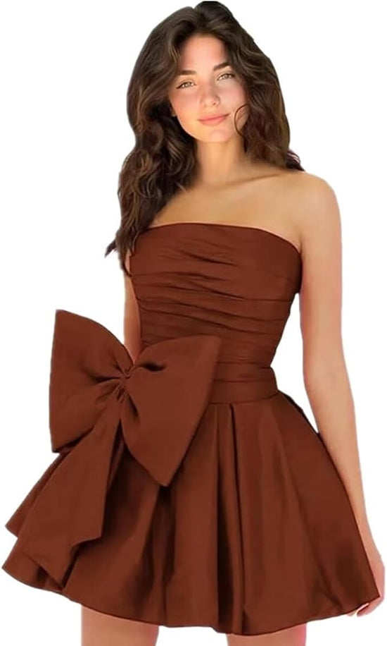 Chic Short Homecoming Dresses A-line Sleeveless Strapless Ruched Lace Up Party Dresses with Bow