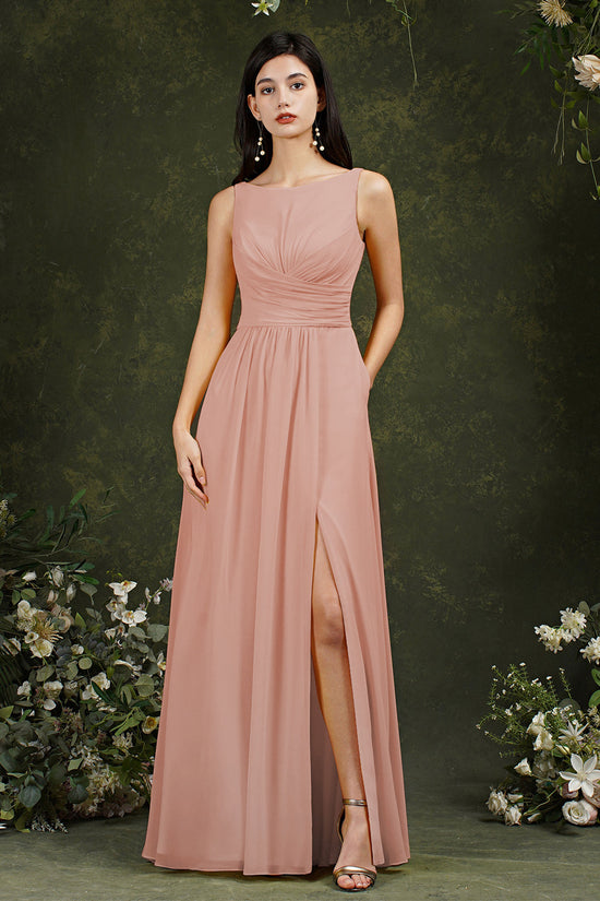 Classy A-Line Chiffon Bateau Backless Front Slit Long Bridesmaid Dress With Pockets-BIZTUNNEL