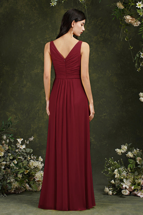 Classy A-Line Chiffon Bateau Backless Front Slit Long Bridesmaid Dress With Pockets-BIZTUNNEL