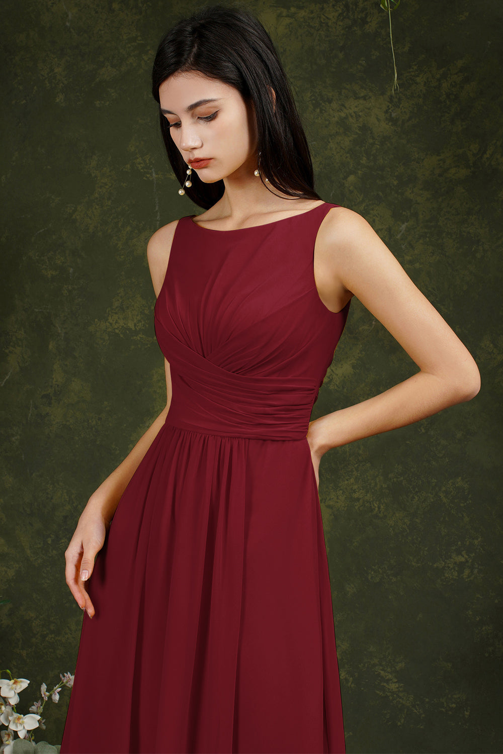 Classy A-Line Chiffon Bateau Backless Front Slit Long Bridesmaid Dress With Pockets-BIZTUNNEL