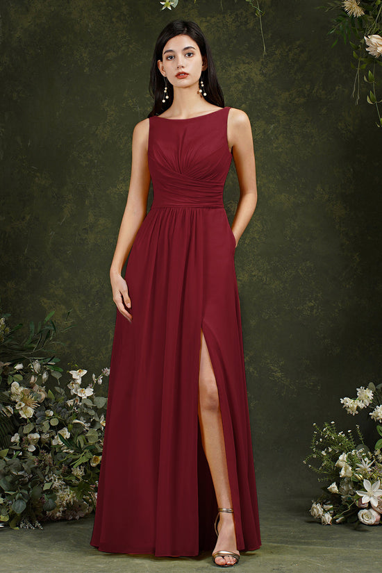 Classy A-Line Chiffon Bateau Backless Front Slit Long Bridesmaid Dress With Pockets-BIZTUNNEL