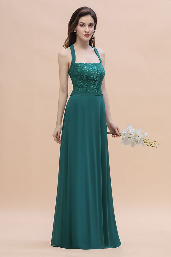 Classy A-Line Halter Wide Straps Chiffon Long Bridesmaid Dress-BIZTUNNEL