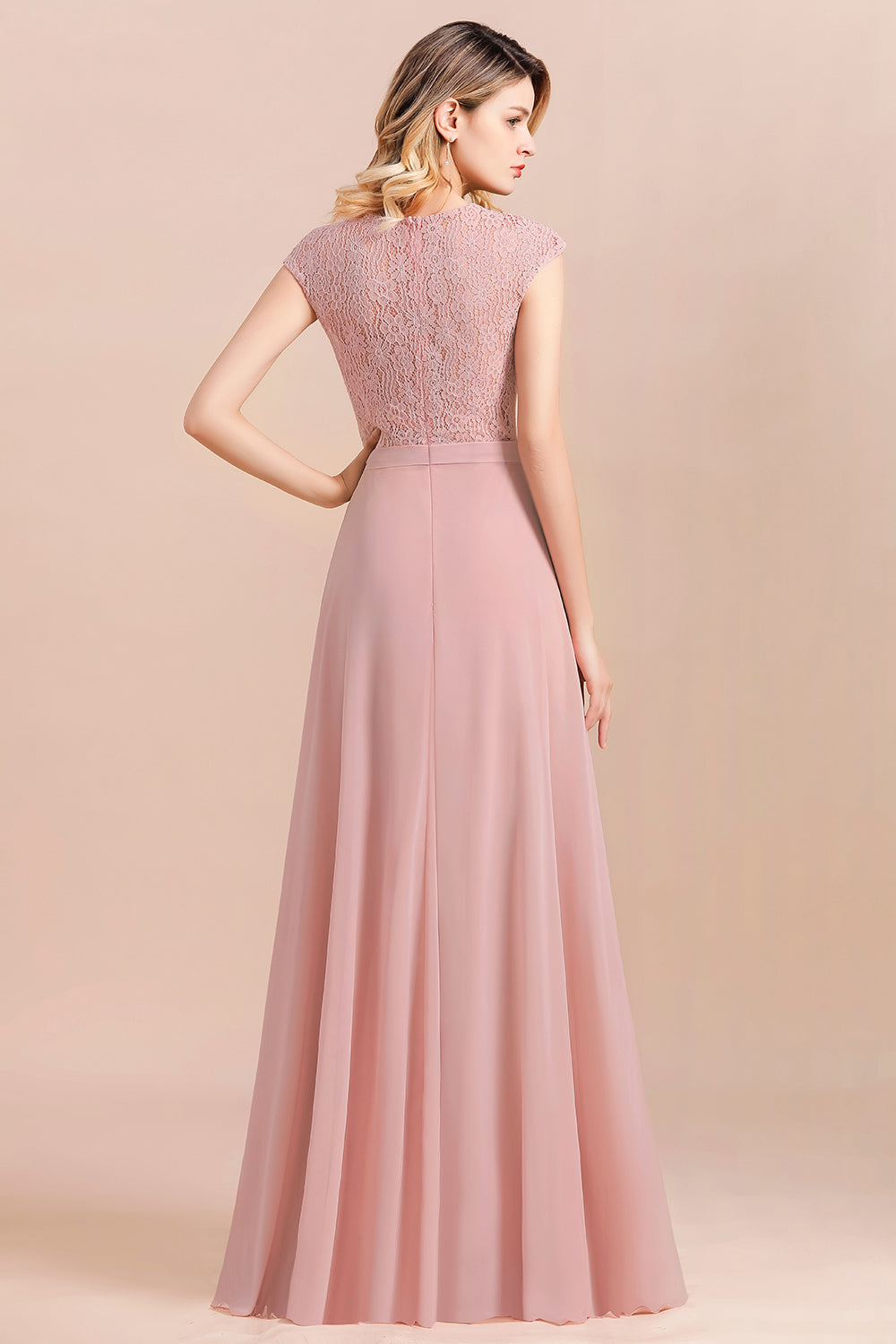 Classy Long A-Line Evening Dress Chiffon Bridesmaid Dress with Lace-BIZTUNNEL