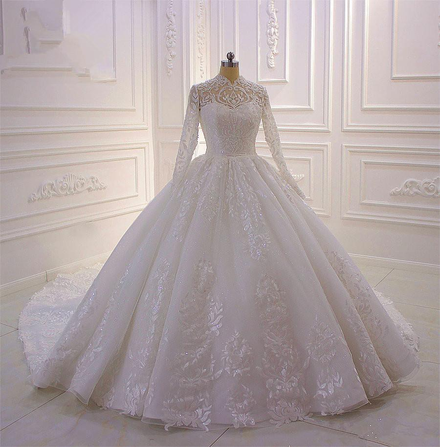 Classy Long A-line High Neck Appliques Lace Pearl Sequins Ruffles Wedding Dress with Sleeves-BIZTUNNEL