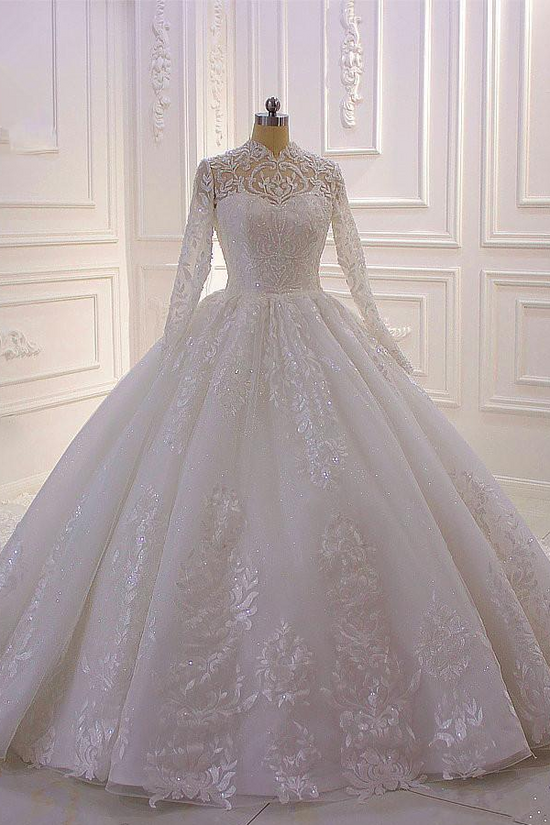 Classy Long A-line High Neck Appliques Lace Pearl Sequins Ruffles Wedding Dress with Sleeves-BIZTUNNEL