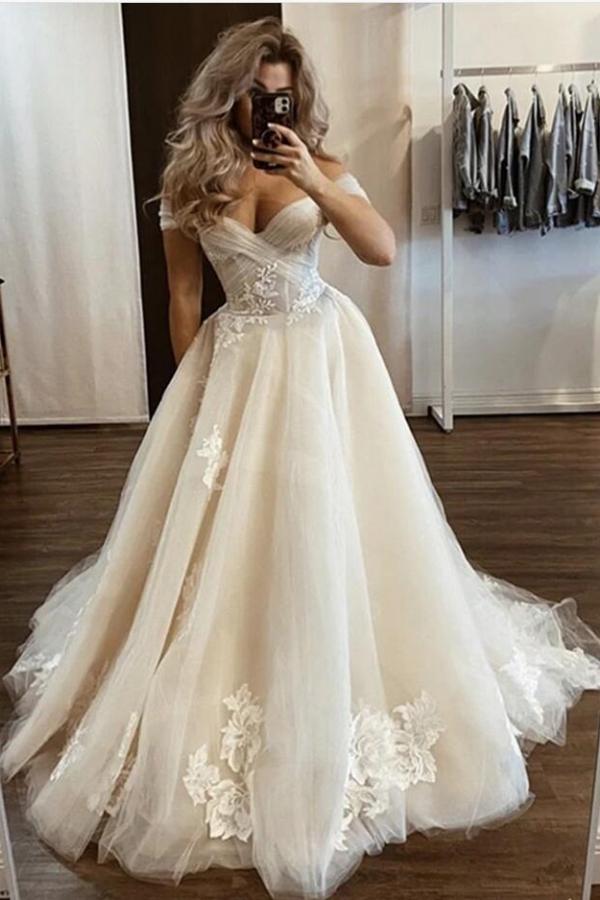 Classy Long A-line Off-the-shoulder Tulle Lace Wedding Dress-BIZTUNNEL