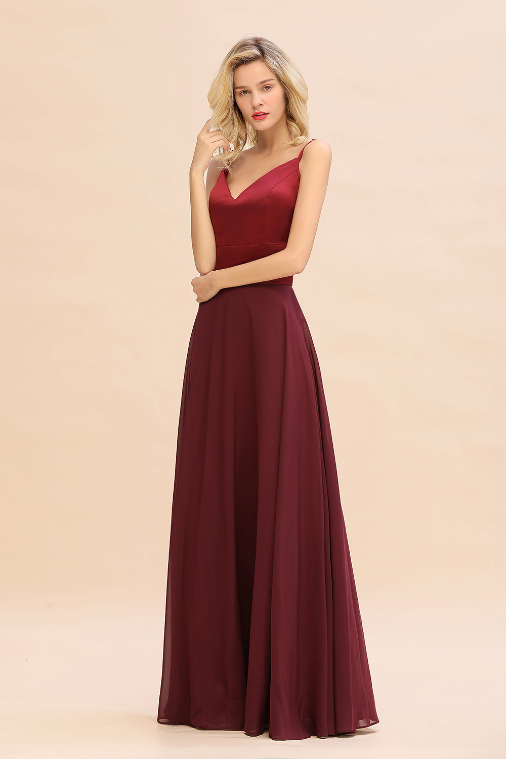 Classy Long A-line Spaghetti Straps V-neck Burgundy Bridesmaid Dress-BIZTUNNEL