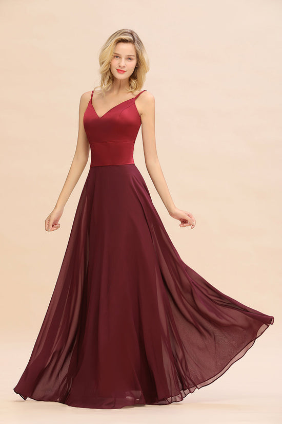 Classy Long A-line Spaghetti Straps V-neck Burgundy Bridesmaid Dress-BIZTUNNEL