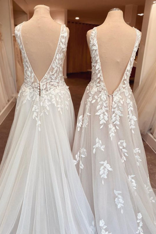 Classy Long A-Line Sweetheart Appliques Lace Open Back Wedding Dress-BIZTUNNEL