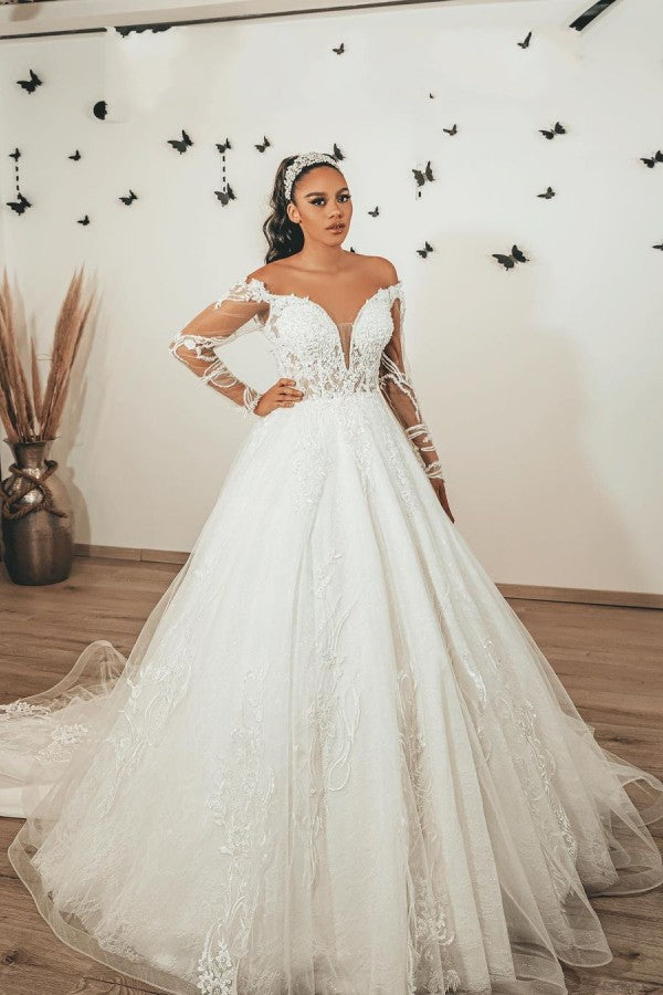 Classy Long A-Line Sweetheart Appliques Lace Tulle Wedding Dress with Sleeves-BIZTUNNEL