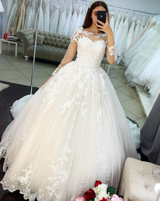 Classy Long Princess Appliques Lace Tulle Wedding Dress with Sleeves-BIZTUNNEL