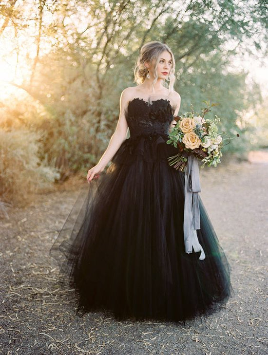 Classy Long Princess Sweetheart Open Back Tulle Black Wedding Dress with Lace-BIZTUNNEL