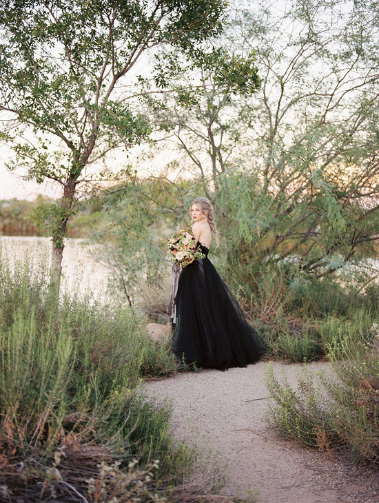 Classy Long Princess Sweetheart Open Back Tulle Black Wedding Dress with Lace-BIZTUNNEL