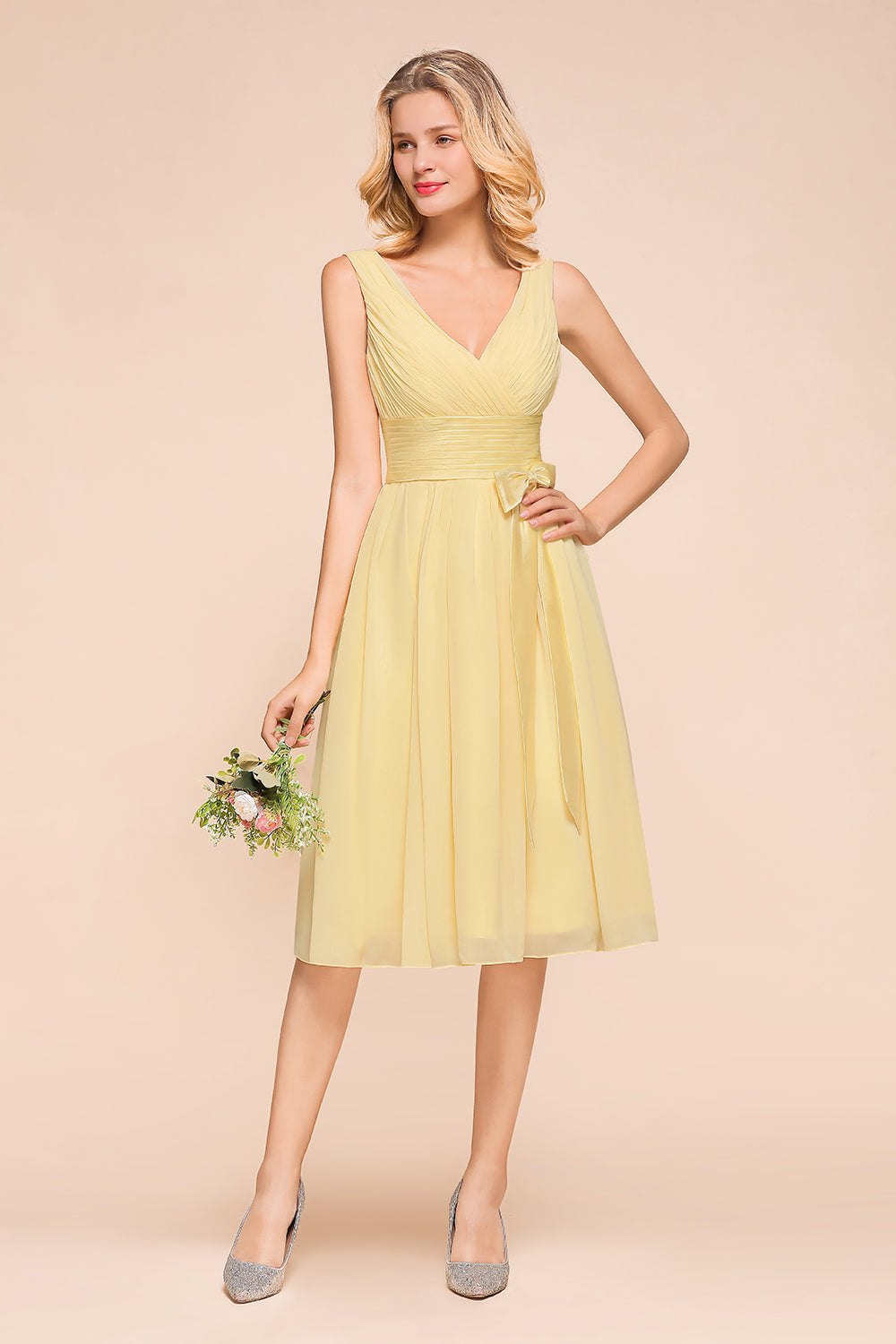 Yellow Chiffon Tea Length Dresses