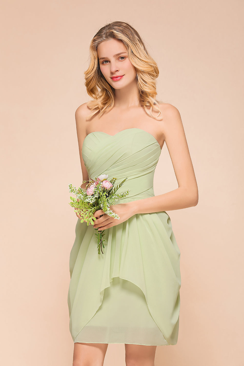 Classy Short A-line Strapless Chiffon Light Green Bridesmaid Dress With Ruched-BIZTUNNEL