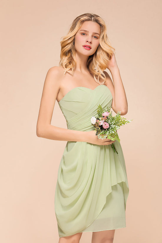 Classy Short A-line Strapless Chiffon Light Green Bridesmaid Dress With Ruched-BIZTUNNEL