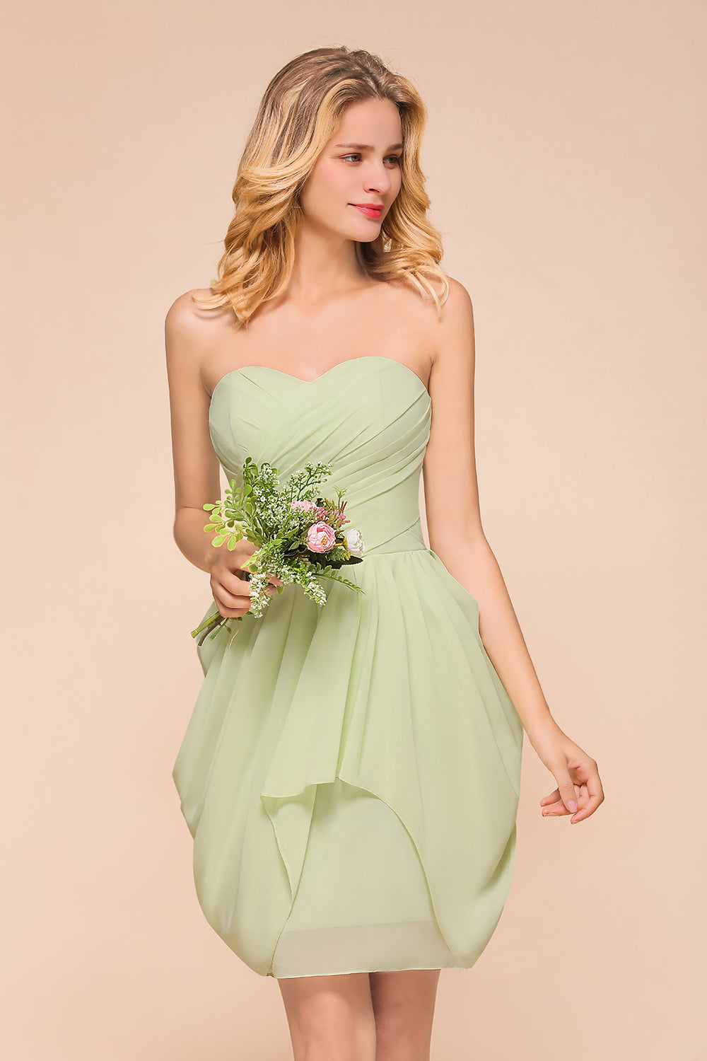 Classy Short A-line Strapless Chiffon Light Green Bridesmaid Dress With Ruched-BIZTUNNEL