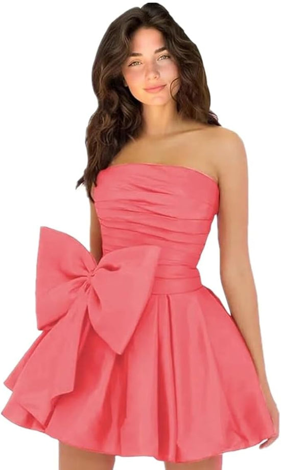 Chic Short Homecoming Dresses A-line Sleeveless Strapless Ruched Lace Up Party Dresses with Bow