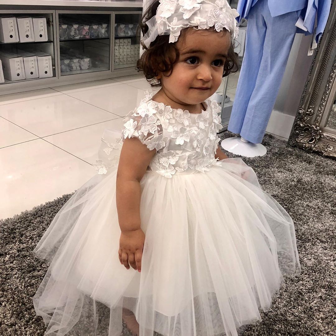 Cute A-line Bateau Short Sleeve Appliques Lace Pearl Tulle Flower Girl Dress With Bowknot-BIZTUNNEL