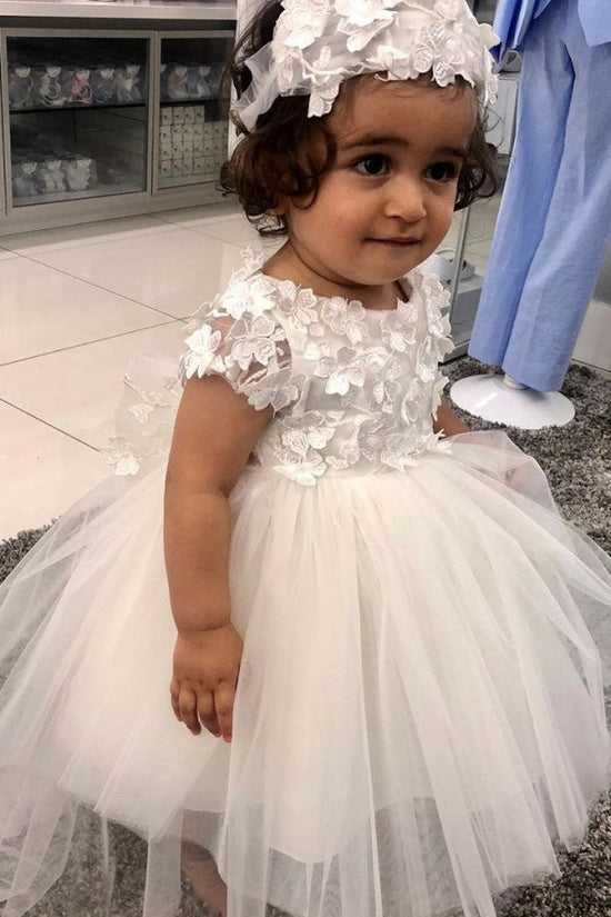 Cute A-line Bateau Short Sleeve Appliques Lace Pearl Tulle Flower Girl Dress With Bowknot-BIZTUNNEL