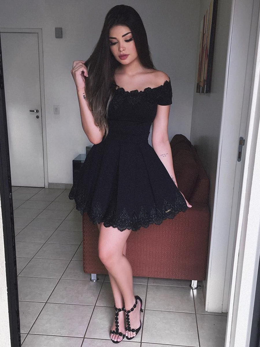 Cute A Line Short Sleeves Black Homecoming Dresses, Little Black Dresses  OKM65 – Okdresses