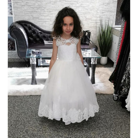 Cute Long A-line Bateau Appliques Lace Pearl Train Flower Girl Dress-BIZTUNNEL