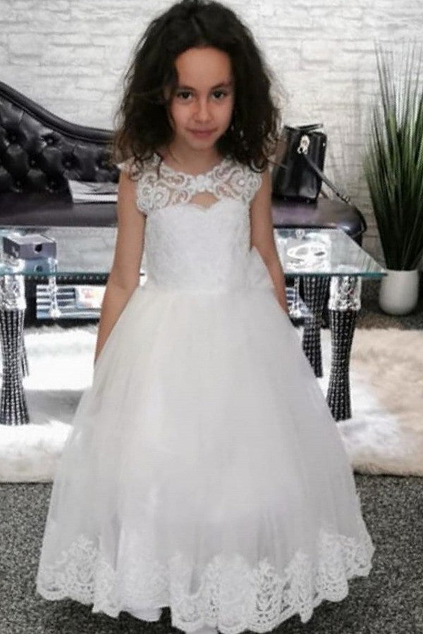 Cute Long A-line Bateau Appliques Lace Pearl Train Flower Girl Dress-BIZTUNNEL