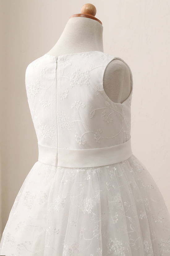 Cute Long A-line Jewel Lace Sleeveless Flower Girl Dresses-BIZTUNNEL