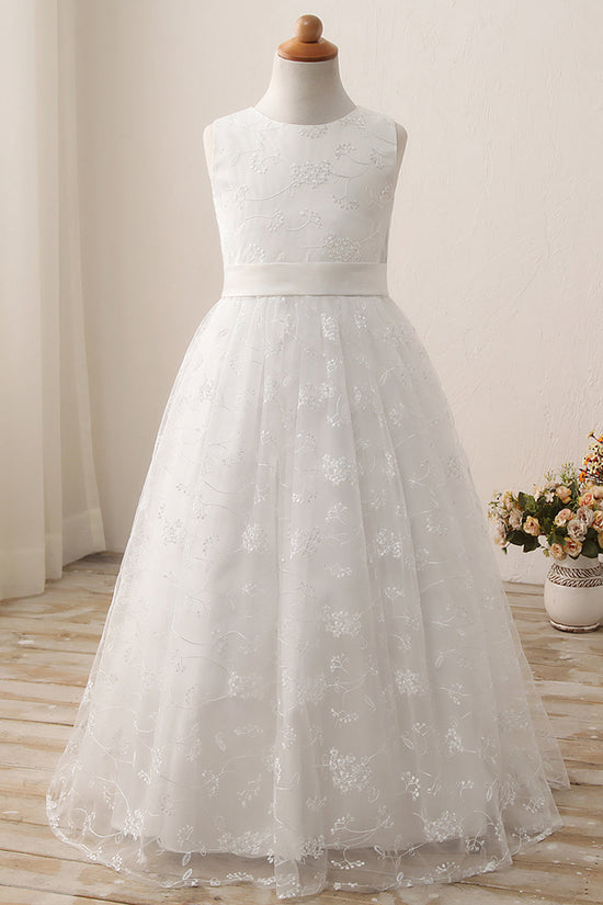 Cute Long A-line Jewel Lace Sleeveless Flower Girl Dresses-BIZTUNNEL