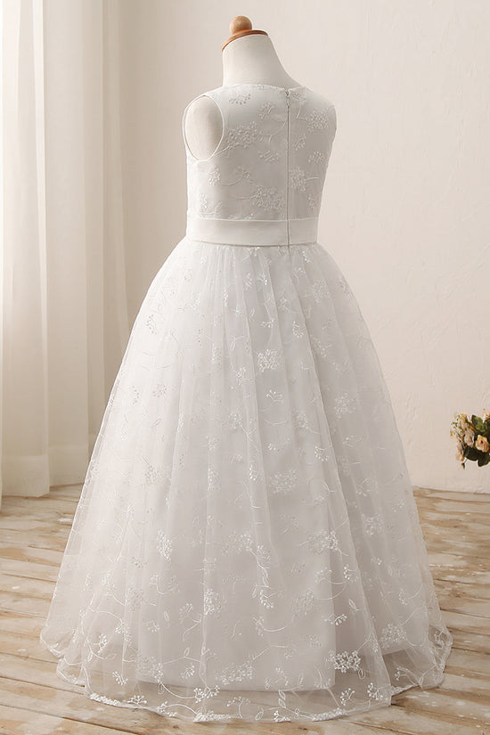 Cute Long A-line Jewel Lace Sleeveless Flower Girl Dresses-BIZTUNNEL