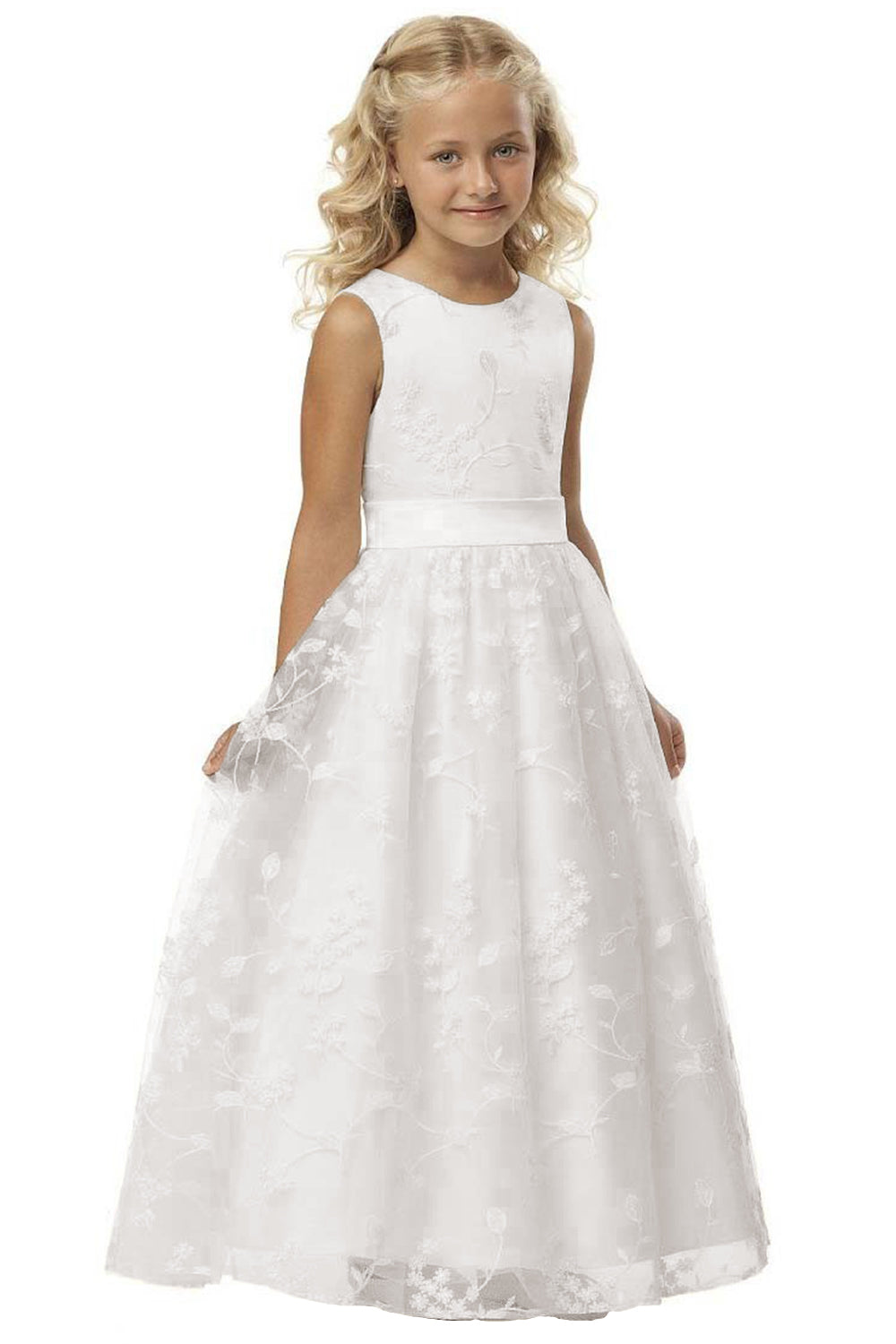 Cute Long A-line Jewel Lace Sleeveless Flower Girl Dresses-BIZTUNNEL