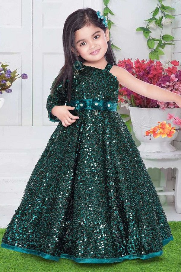 Cute Long A-line One Shoulder Long Sleeve Sequins Flower Girl Dress With Sash-BIZTUNNEL