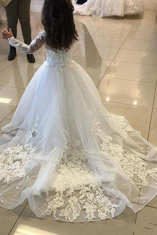 Cute Long A-line Tulle Lace Flower girl dresses with sleeves-BIZTUNNEL