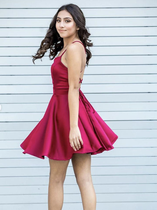 Cute Short A-line Sleeveless Backless Satin Prom Homecoming Dresses-BIZTUNNEL