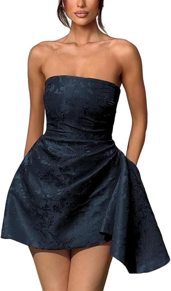 A-line Strapless Sleeveless Short Homecoming Dress Jacquard Satin Asymmetrical Lace up Party Dresses