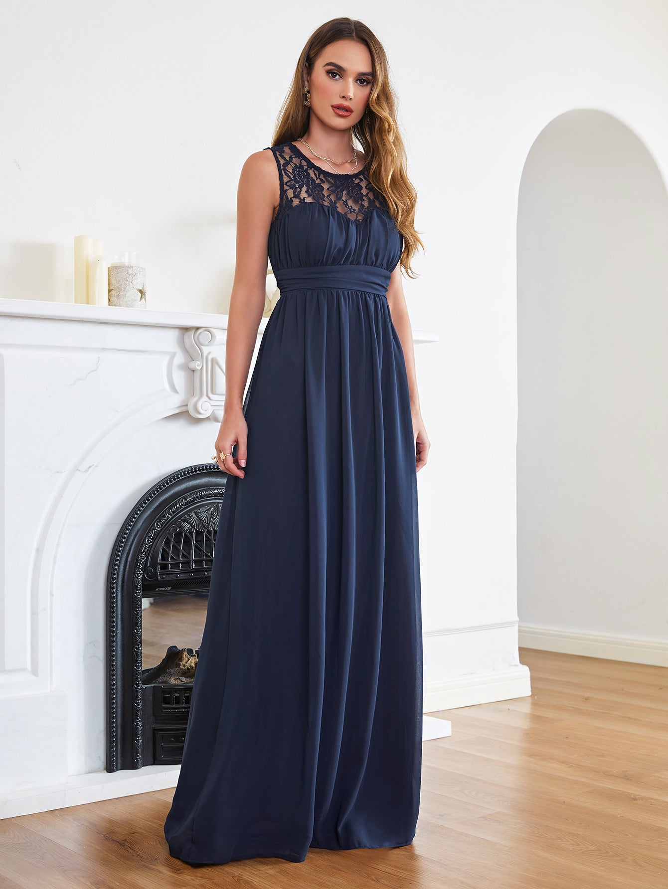 Elegant Long A Line Round Neck Chiffon Floor Length Formal Dresses